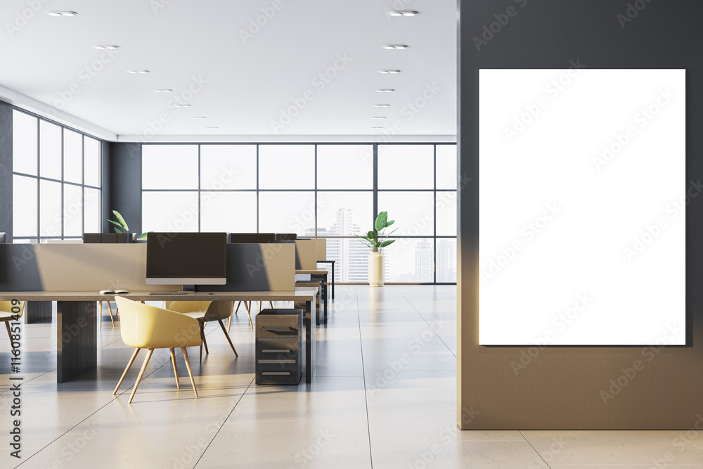 Poster modern office interior with partitioned desks, chairs, and large window view. vertical blank poster 