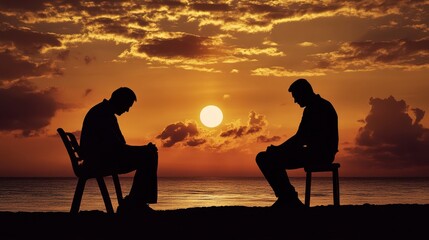 Obraz premium Silhouette man with sad mood, depression and life problem with sea background.
