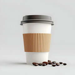 Hot Coffee Cup with Paper Sleeve and Coffee Beans on Surface