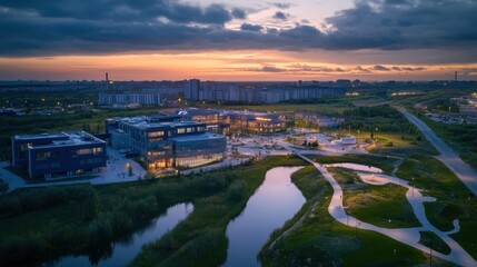 Fototapeta premium Aerial sunset view of modern campus with lake.