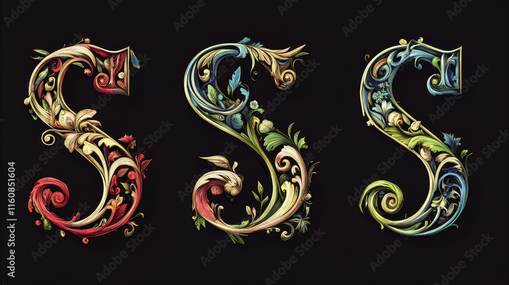 Poster set of alphabet symbols and elements of letter s. rasterized version also available in gallery