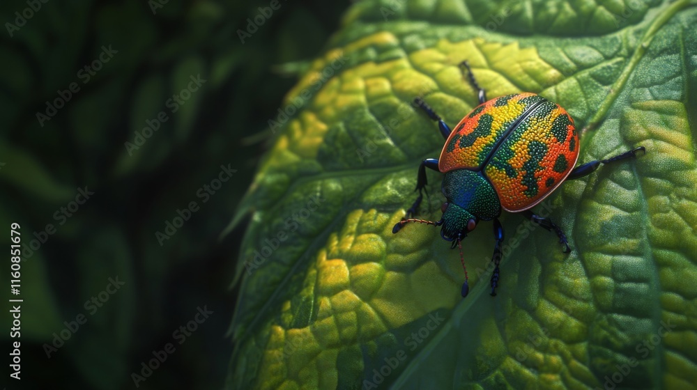 Poster Vibrant Beetle on Leaf Showcasing Colorful Patterns and Textures