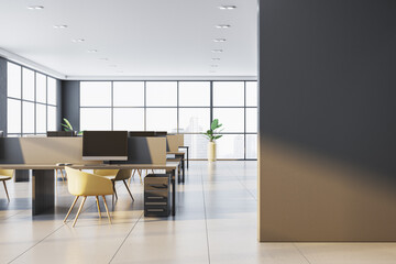 Modern office interior with desks, chairs, and computers, featuring large glass windows and a city view. Clean and corporate design. 3D Rendering