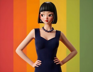 Fototapeta premium Stylish 3D Render: Elegant Woman in Blue Dress against Vibrant Rainbow Stripes