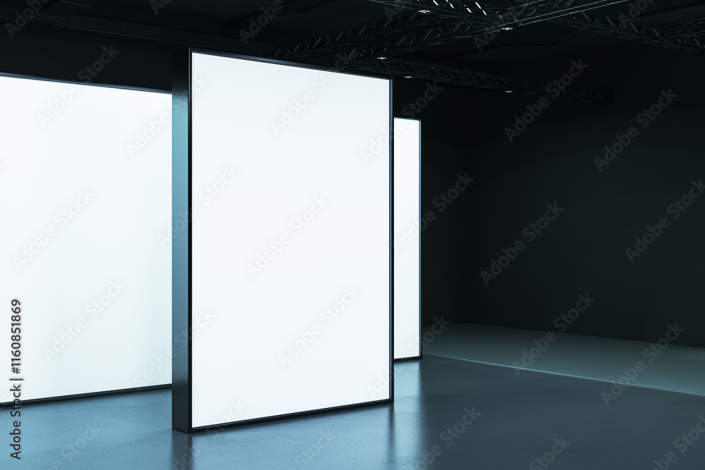 Aufkleber bright vertical blank screens in dark exhibition hall with modern design concept and clean illuminat