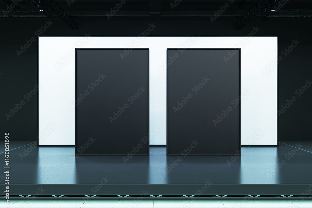 Poster black display panels on a modern exhibition stage with white backlight. 3d rendering