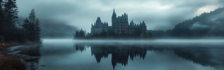 Fototapeta premium Haunted Gothic castle surrounded by fog in eerie setting