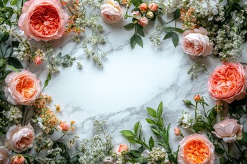 Floral arrangement featuring pink roses and greenery on a marble surface in a bright setting