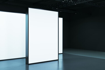 Bright vertical blank screens in dark exhibition hall with modern design concept and clean illuminated panels. 3D Rendering