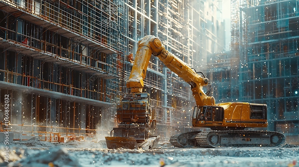 Poster futuristic construction site with advanced robotic machinery operating heavy equipment like cranes a