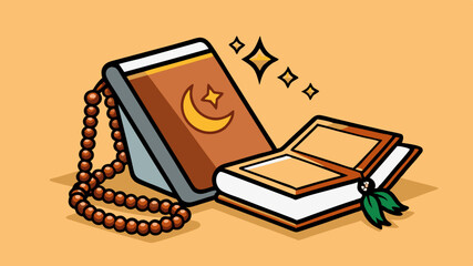 illustration of a Quran and Prayer Beads