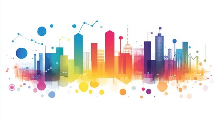 Fototapeta premium Vibrant City Skyline with Colorful Abstract Design and Geometric Shapes