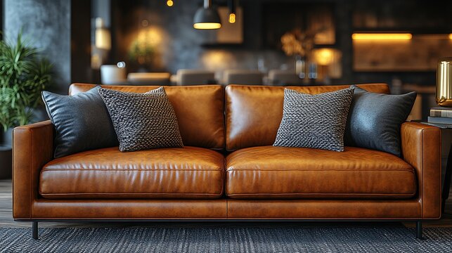 Luxurious Brown Leather Sofa in Modern Living Room