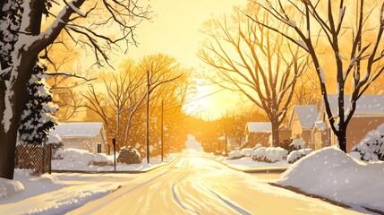 Snowy street at sunrise.