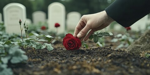 Person gently places rose on grave in solemn tribute, heart heavy with memories.
