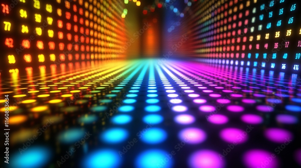Poster close up view of a vibrant dynamic led screen display showcasing the fluctuating prices and financia