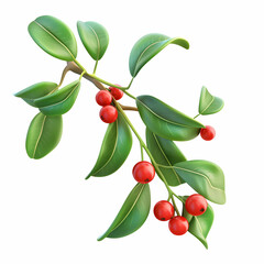 Lush Green Leafy Branch with Vibrant Red Berries on White Background