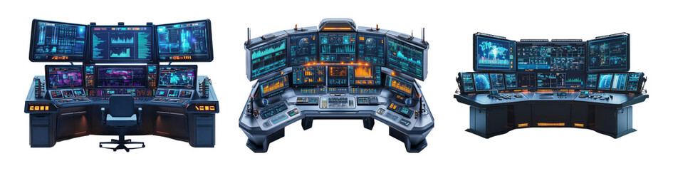 Obraz premium Modern Control Room Design with Monitors on Transparent Background