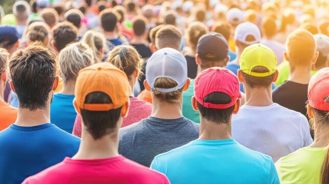 Crowd of runners gathering at the starting line of a marathon, radiating unity and determination, anticipation, hope, energy