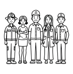 Community Heroes Firefighter, Doctor, Nurse, and Police Officer Illustration, Sharp Black and White Line Art , Vector Graphics for Educational and Promotional Use.	