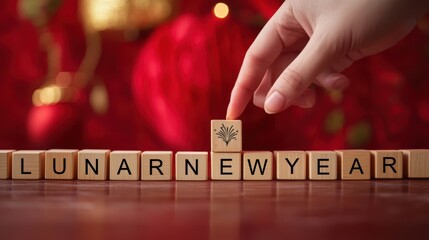 Hand put Lunar new year cube wooden block for Chinese new year celebration concept.