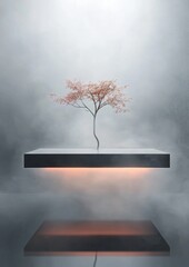A tree is floating in the air above a dark surface