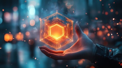 Glowing hexagonal crystal held in a hand.