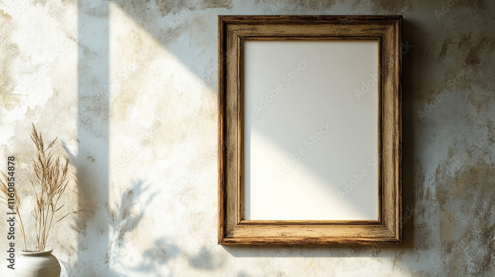 Poster elegant empty frame on textured wall with soft sunlight casting shadows indoors