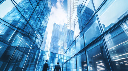 Obraz premium Modern skyscrapers create a striking urban landscape under a bright blue sky