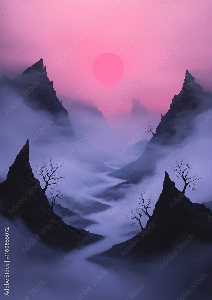Poster a mountain range with a river running through it and a large red sun in the sky