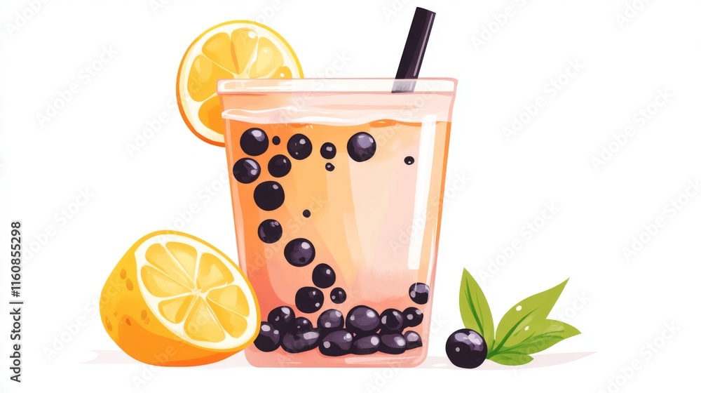 Poster Refreshing Lemonade with Bubbles and Fresh Fruits for Summer