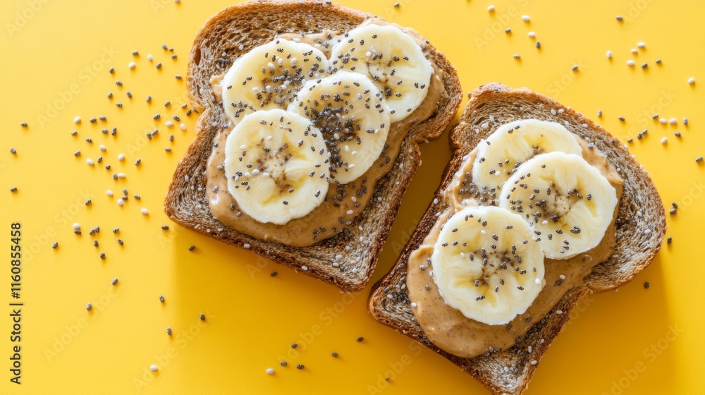 Poster healthy banana and nut butter toast with chia seeds on yellow background