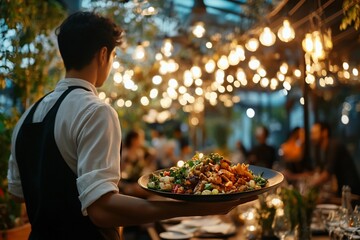 Waiter serves dish outdoor restaurant.