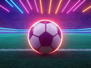 Fototapeta premium Vibrant Soccer Ball Glowing Bright in Futuristic Stadium Setting