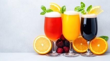Fototapeta premium Colorful drinks with fruit garnishes on a light background.