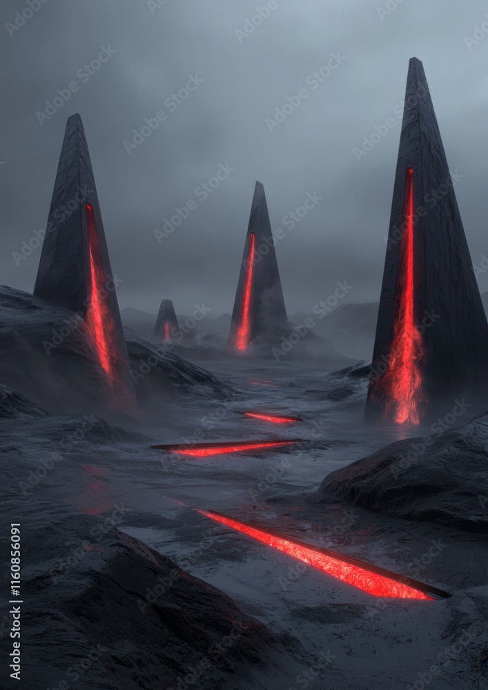 Poster a desolate landscape with three red pillars and a red line
