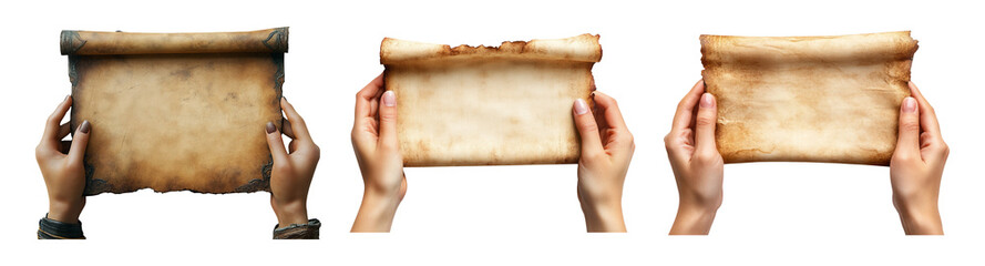 Hands Holding Vintage Scrolls Isolated on Transparent Background