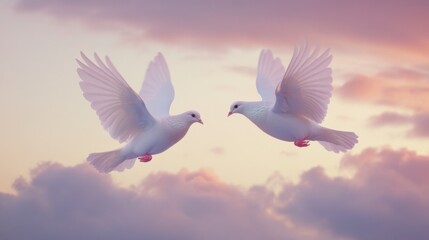 Obraz premium Serene Flight of Two White Doves Against Dreamy Sunset Sky