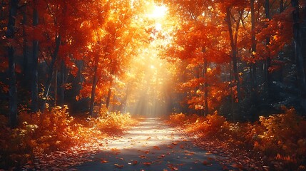 Autumn Pathway Surrounded by Golden Leaves in Stunning Forest Photo