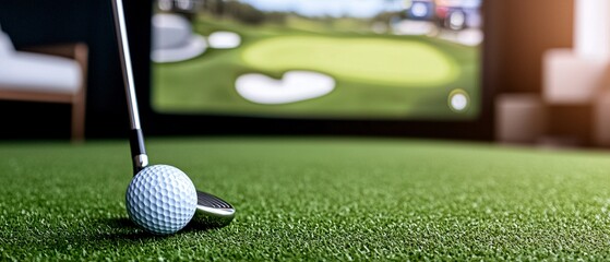 Summer Sports Tournament. Golf ball on artificial turf with a golf course displayed on a screen in the background.