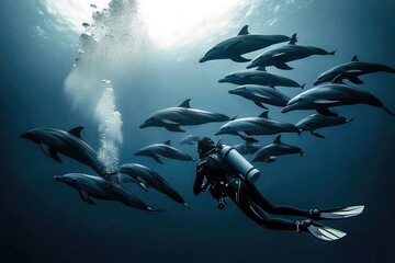 Naklejka premium Dolphins gracefully swim around diver, creating serene underwate