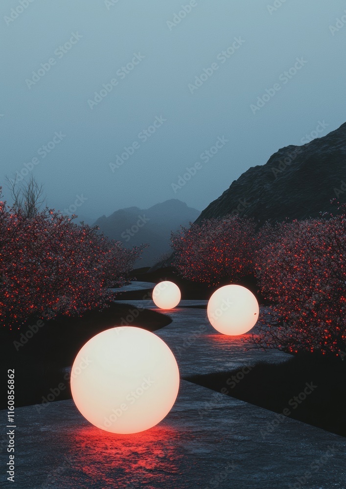 Poster a path with three glowing orbs and a mountain in the background