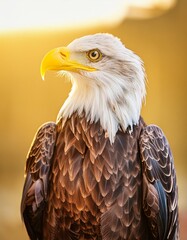 Obraz premium Bald eagle in orange sunlight. Majestic bird of prey wildlife portrait