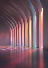 A long hallway with white pillars and a rainbow of colors
