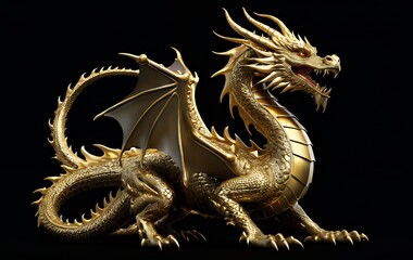 Fototapeta premium Majestic Golden Dragon Sculpture: Regal Pose, Intricate Detail