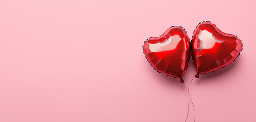 Red heart shaped balloons on pink background, flat lay with space for text. Saint Valentine's day celebration