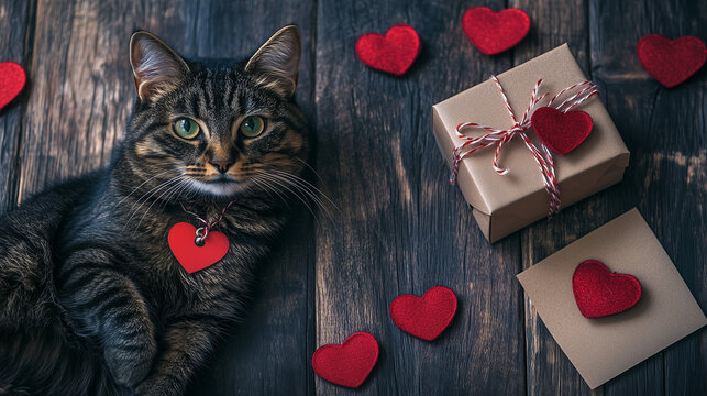 Valentines day background with hearts and cat