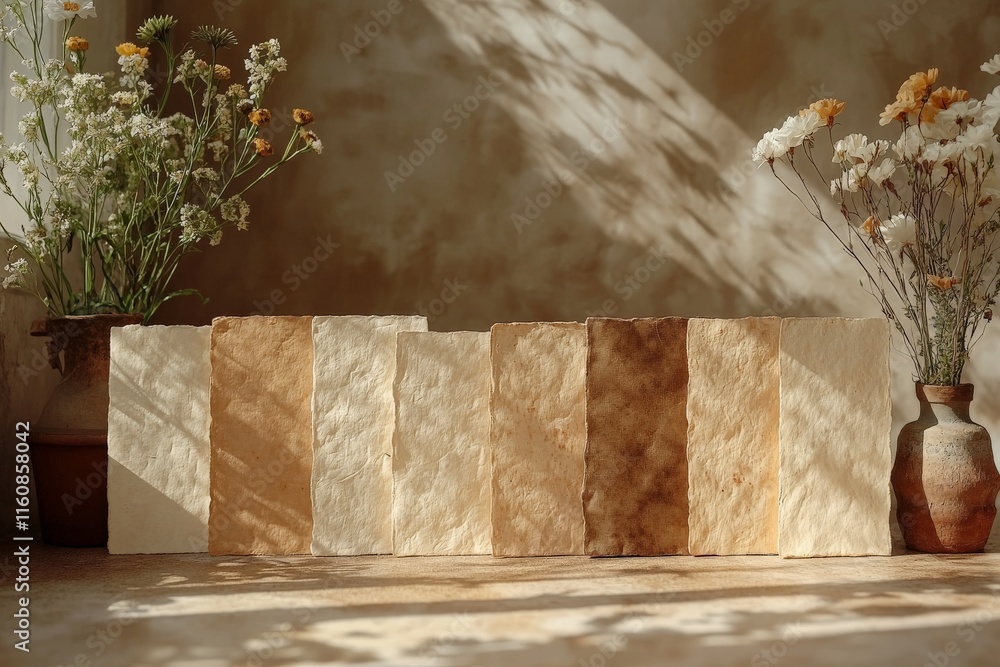 Poster colorful stone samples arranged on a table with flower vases creating an artisanal atmosphere in sof