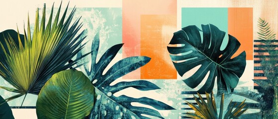 Vivid hues layered in artistic minimal collage, organic elements meeting clean lines with bold contrasts on a serene canvas evoking modern sophistication and visual allure