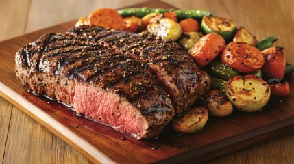 Juicy Grilled Steak Served With Colorful Roasted Vegetables